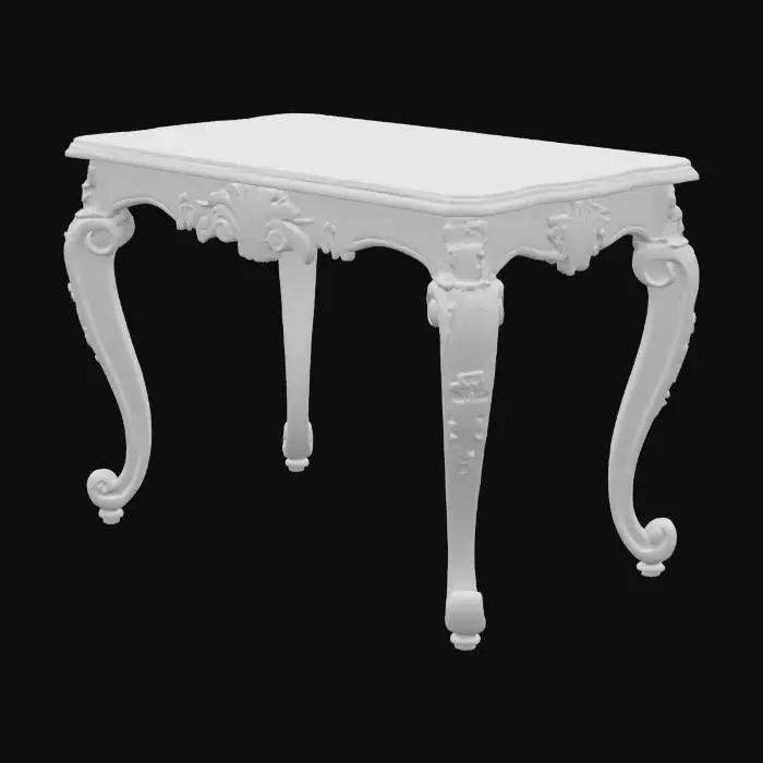 3D model for El objeto es una mesa de madera oscura con patas curvas ornamentadas y detalles tallados intrincados, que presenta una superficie lisa y pulida y un acento metálico decorativo en el frente.