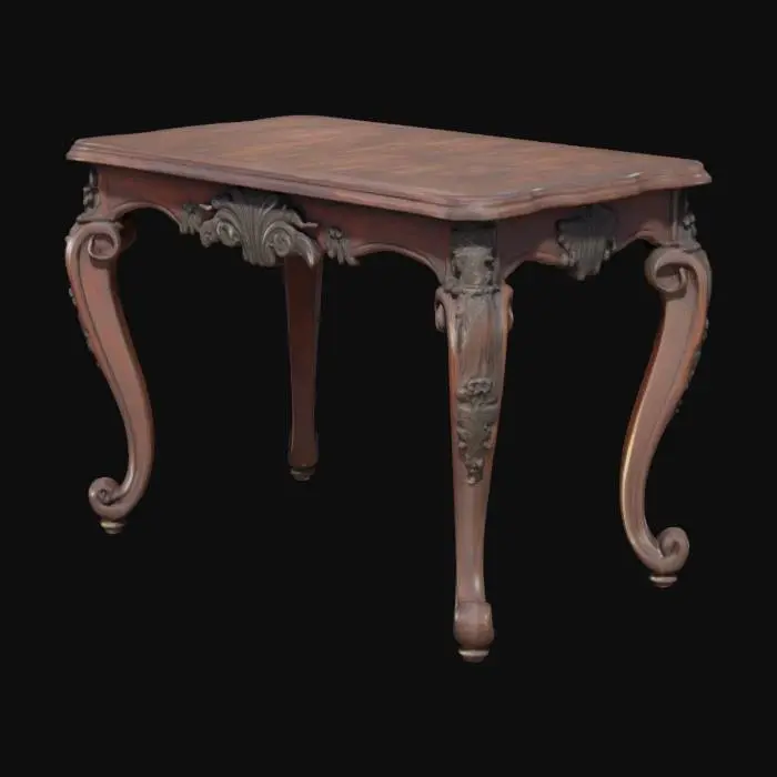 3D model for El objeto es una mesa de madera oscura con patas curvas ornamentadas y detalles tallados intrincados, que presenta una superficie lisa y pulida y un acento metálico decorativo en el frente.