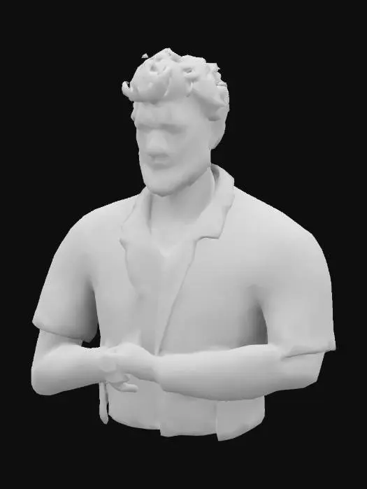 3D model for A man with a full beard and short dark hair, wearing a black polo shirt with a logo on the left chest, standing against a plain white background. The man has a relaxed expression, slight smile, and a confident posture. Create a realistic, full-body 3D model, with a focus on lifelike skin texture and fabric details for the clothing.