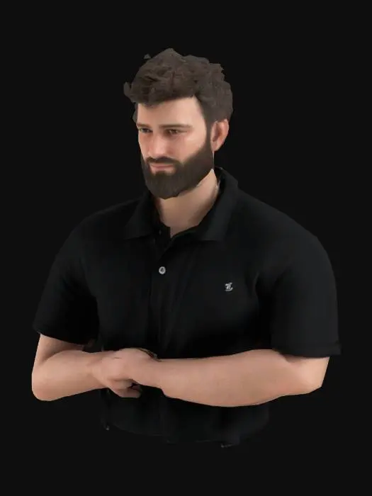 3D model for A man with a full beard and short dark hair, wearing a black polo shirt with a logo on the left chest, standing against a plain white background. The man has a relaxed expression, slight smile, and a confident posture. Create a realistic, full-body 3D model, with a focus on lifelike skin texture and fabric details for the clothing.
