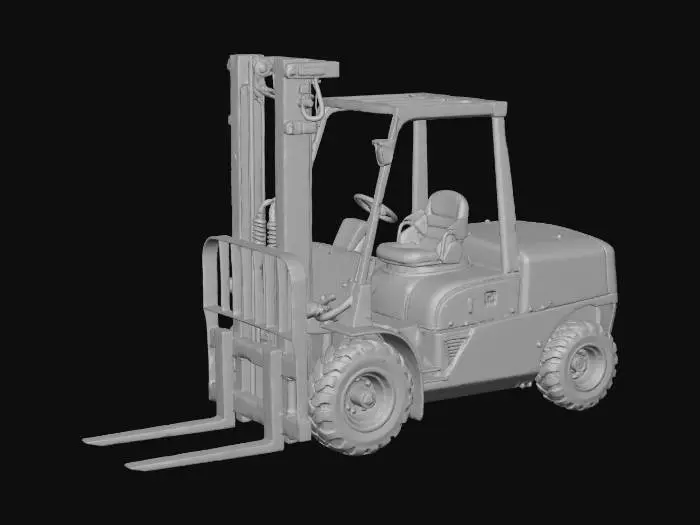 3D model for Una carretilla elevadora robusta y realista, con una estructura metálica de color amarillo brillante y algunos detalles en negro. Posee horquillas de acero gris oscuro, ligeramente desgastadas por el uso, y ruedas grandes de goma negra con patrones de banda de rodadura profundos. El asiento del operador es de vinilo texturizado, y el panel de control incluye botones y palancas de plástico y metal. Su superficie presenta una ligera pátina de suciedad y marcas, indicando un uso operativo.