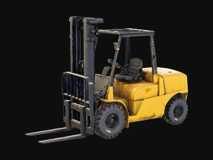 3D model for Una carretilla elevadora robusta y realista, con una estructura metálica de color amarillo brillante y algunos detalles en negro. Posee horquillas de acero gris oscuro, ligeramente desgastadas por el uso, y ruedas grandes de goma negra con patrones de banda de rodadura profundos. El asiento del operador es de vinilo texturizado, y el panel de control incluye botones y palancas de plástico y metal. Su superficie presenta una ligera pátina de suciedad y marcas, indicando un uso operativo.