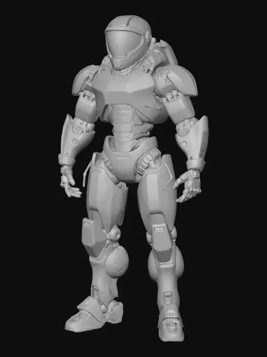 3D model for Un modelo humano robusto, completamente enfundado en un avanzado exoesqueleto de combate, evocando la estética de Call of Duty Advanced Warfare. Este armazón está compuesto por placas angulares de blindaje de alta densidad en tonos de gris oscuro y negro mate, con detalles funcionales en un naranja discreto y acentos metálicos pulidos. La textura es predominantemente lisa y táctica, con un ligero brillo en las superficies más expuestas y paneles texturizados para el agarre. El exoesqueleto cubre brazos, piernas y torso, presentando articulaciones visibles y motores servo que confieren una silueta poderosa y tecnológicamente integrada.