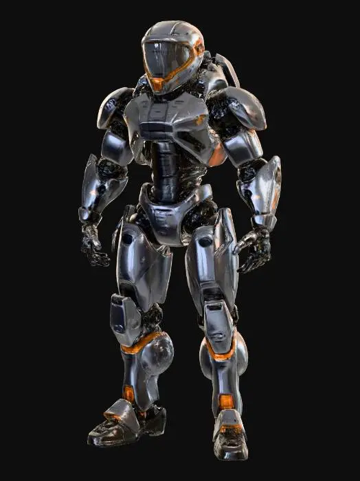 3D model for Un modelo humano robusto, completamente enfundado en un avanzado exoesqueleto de combate, evocando la estética de Call of Duty Advanced Warfare. Este armazón está compuesto por placas angulares de blindaje de alta densidad en tonos de gris oscuro y negro mate, con detalles funcionales en un naranja discreto y acentos metálicos pulidos. La textura es predominantemente lisa y táctica, con un ligero brillo en las superficies más expuestas y paneles texturizados para el agarre. El exoesqueleto cubre brazos, piernas y torso, presentando articulaciones visibles y motores servo que confieren una silueta poderosa y tecnológicamente integrada.