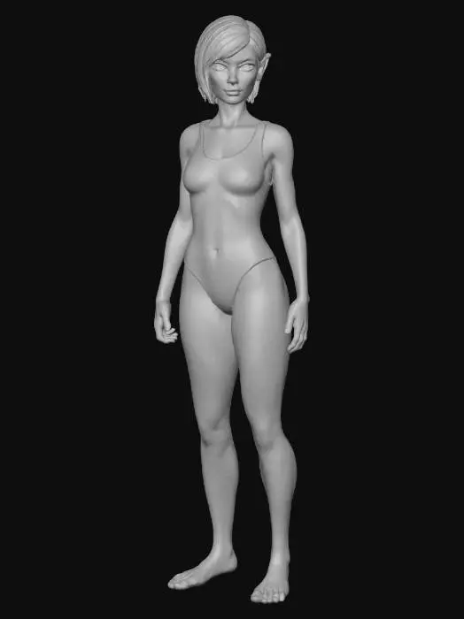 3D model for Una chica alien con un cuerpo esbelto y piel de un vibrante color azul. Su corto y liso cabello oscuro, de un tono casi negro, enmarca un rostro de rasgos delicados. Posee unos ojos expresivos de color miel, que contrastan con su piel. Pequeñas orejas de elfo, de forma puntiaguda, sobresalen de los laterales de su cabeza  Viste un traje de baño oscuro de tejido liso y ligeramente brillante que se ajusta a su figura.