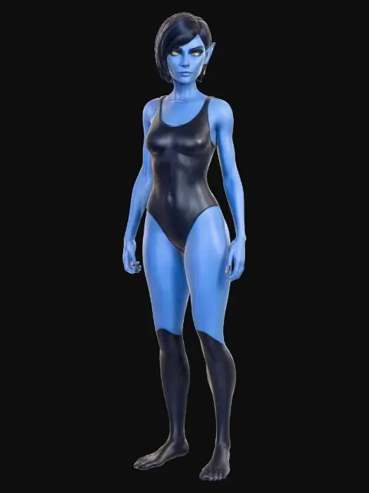 3D model for Una chica alien con un cuerpo esbelto y piel de un vibrante color azul. Su corto y liso cabello oscuro, de un tono casi negro, enmarca un rostro de rasgos delicados. Posee unos ojos expresivos de color miel, que contrastan con su piel. Pequeñas orejas de elfo, de forma puntiaguda, sobresalen de los laterales de su cabeza  Viste un traje de baño oscuro de tejido liso y ligeramente brillante que se ajusta a su figura.