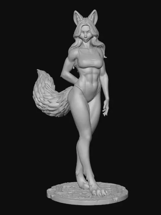 3D model for A beautiful fox girl with a sleek, athletic physique, featuring prominent pointed ears with soft inner fur and a gracefully swishing tail. Her smooth skin has a delicate, orange tone. She is dressed in a form-fitting, elegant one-piece swimsuit made of glossy, stretchable fabric, accentuating her silhouette. Her expression is alluring and confident.