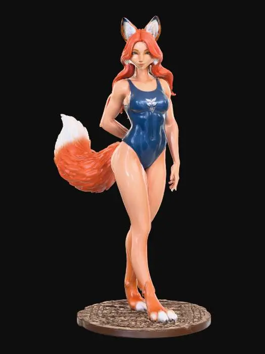3D model for A beautiful fox girl with a sleek, athletic physique, featuring prominent pointed ears with soft inner fur and a gracefully swishing tail. Her smooth skin has a delicate, orange tone. She is dressed in a form-fitting, elegant one-piece swimsuit made of glossy, stretchable fabric, accentuating her silhouette. Her expression is alluring and confident.