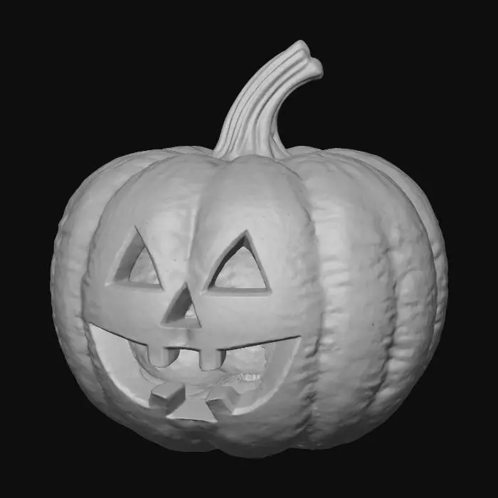 3D model for Una calabaza de Halloween de estilo cartoon, con una forma redonda y ligeramente aplanada, de aspecto sencillo y amigable. Su superficie es lisa y de un vibrante color naranja uniforme, con sutiles líneas verticales que sugieren los gajos. Presenta una cara tallada de manera simple, con ojos triangulares grandes, una pequeña nariz cuadrada y una boca sonriente con un par de dientes. El interior está completamente hueco, revelando una cavidad vacía, y posee una abertura discreta en la base, ideal para albergar un componente de luz.