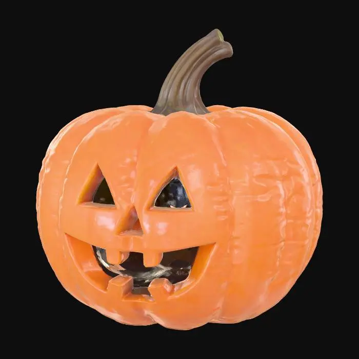 3D model for Una calabaza de Halloween de estilo cartoon, con una forma redonda y ligeramente aplanada, de aspecto sencillo y amigable. Su superficie es lisa y de un vibrante color naranja uniforme, con sutiles líneas verticales que sugieren los gajos. Presenta una cara tallada de manera simple, con ojos triangulares grandes, una pequeña nariz cuadrada y una boca sonriente con un par de dientes. El interior está completamente hueco, revelando una cavidad vacía, y posee una abertura discreta en la base, ideal para albergar un componente de luz.