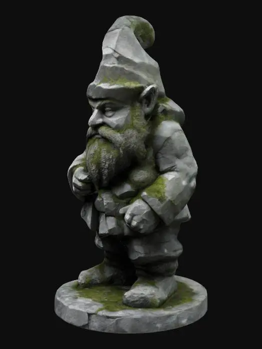 3D model for The object is the statue of dwarf made of dwarf rocks, highly detailed, photoscan, sculpture with cracks and a rough texture and a predominantly stone-gray color that are diluted with moss, game assets