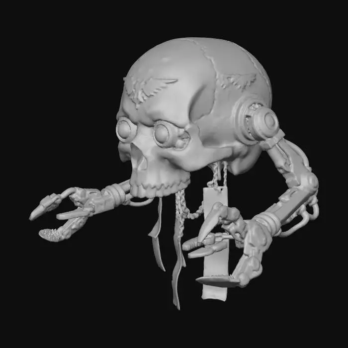 3D model for a servo skull from the warhammer 40 k universe. it has gflowing red eyes and small scrolls dangling from it along with metal claw like appendages. it hovers around 6 feet off the ground