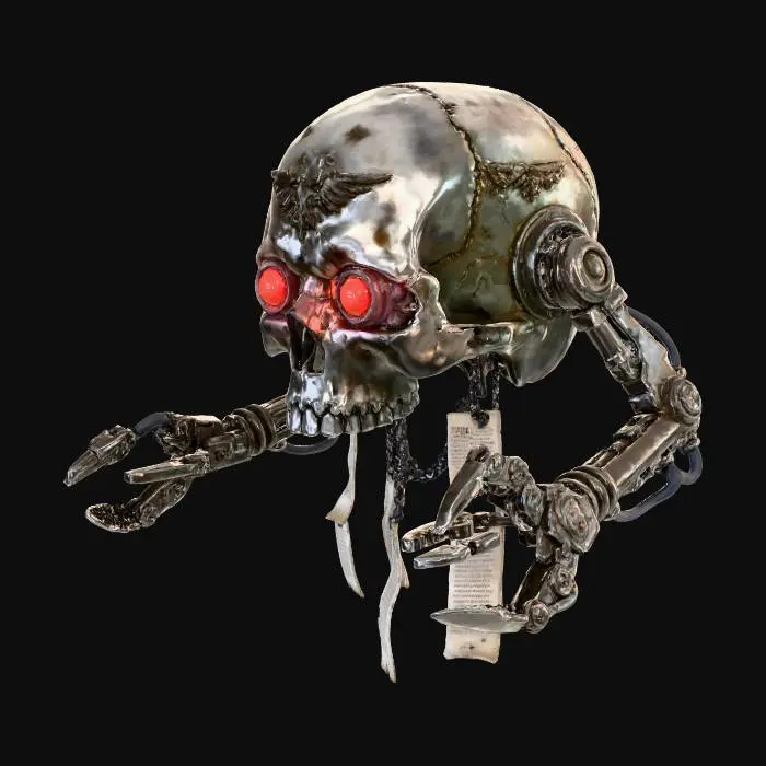 3D model for a servo skull from the warhammer 40 k universe. it has gflowing red eyes and small scrolls dangling from it along with metal claw like appendages. it hovers around 6 feet off the ground