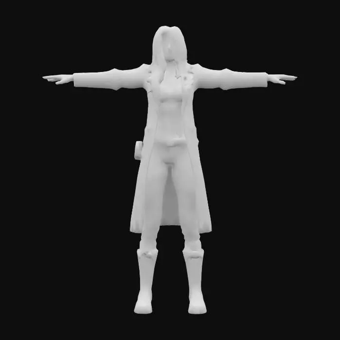 3D model for Character A pose, tall woman, dark long hair, dark grey open trench coat,  light colored top, dark colored pants, tall rugged boots