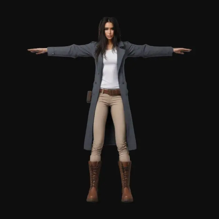 3D model for Character A pose, tall woman, dark long hair, dark grey open trench coat,  light colored top, dark colored pants, tall rugged boots