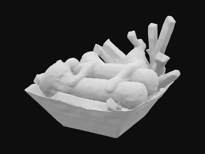 3D model for Eine Berliner Currywurst mit Pommes in eine weißen Pappe Schale. Auf den Pommes ist etwas Ketschup. 
