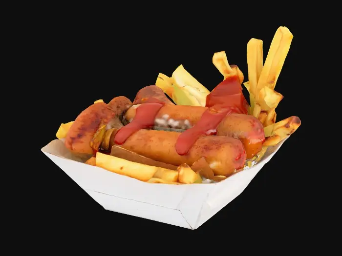 3D model for Eine Berliner Currywurst mit Pommes in eine weißen Pappe Schale. Auf den Pommes ist etwas Ketschup. 