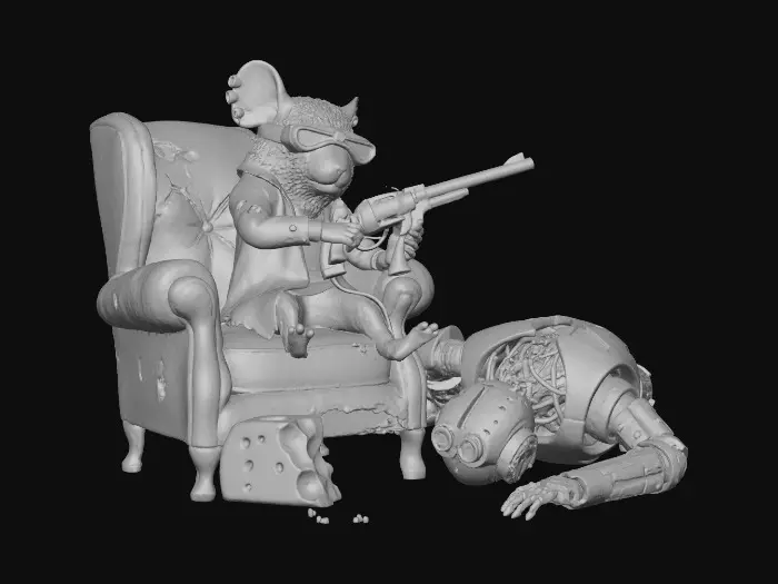 3D model for eine Maus im Bladerunner  look sitzt in einem alten großen Sessel und putzt dabei den übergroßen Revolver den sie in der rechten Hand hält. Neben dem Sessel liegt ein angebissenes Stück Käse und ein sehr gigantisch großer  kaputter Roboter liegt daneben auf dem Boden.