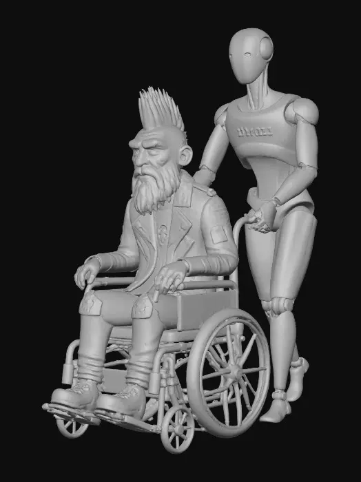 3D model for Ein alter Opa Punker mit Irokesen Frisur im Rollstuhl wird von einem Modernen Tesla Roboter geschoben