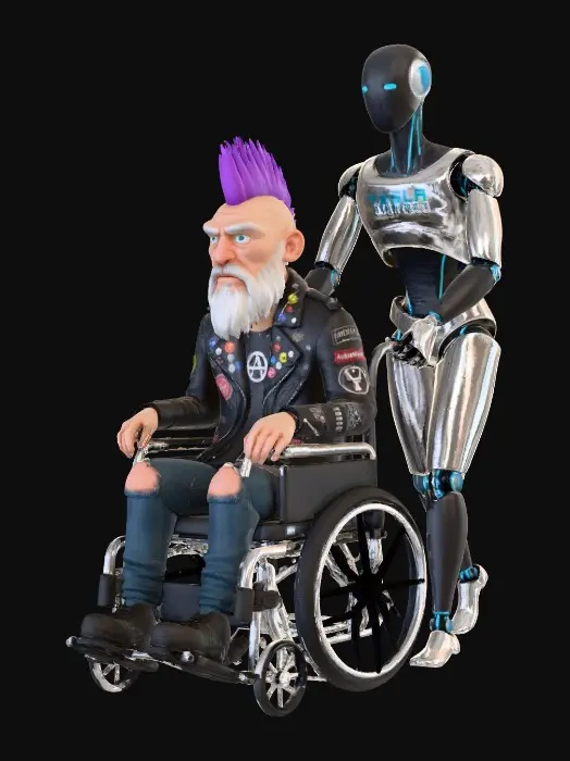 3D model for Ein alter Opa Punker mit Irokesen Frisur im Rollstuhl wird von einem Modernen Tesla Roboter geschoben