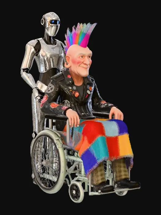 3D model for Ein alter Opa Punker mit Irokesen Frisur und einer bunten Wolldecke über den Beinen sitzt im Rollstuhl und wird von einem Modernen Tesla Roboter geschoben.