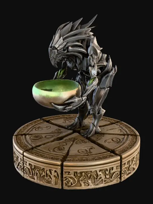 3D model for Eine abstrakte dunkel graue Gotik Creature schaut nach links, steht auf einem alten runden Steinboden Platte und  hält eine runde Metall Schüssel  in den Händen.