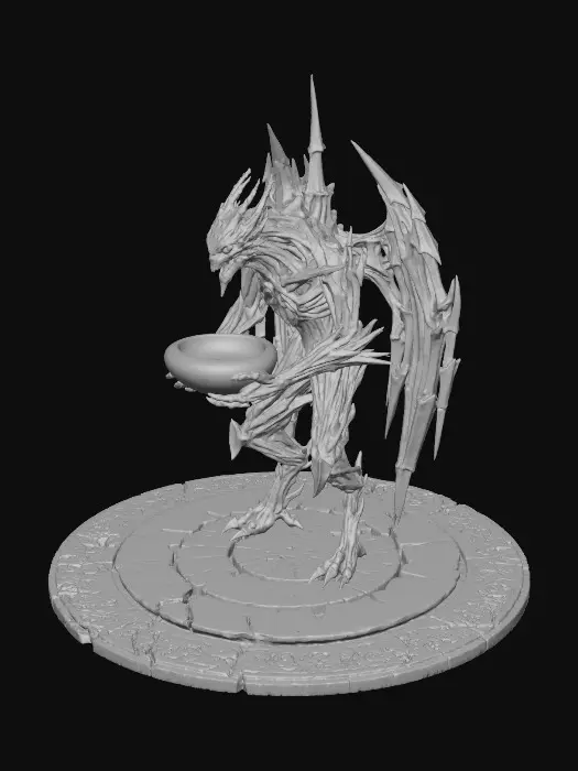 3D model for Eine abstrakte dunkel graue Gotik Creature schaut nach links, steht auf einem alten runden Steinboden Platte und  hält eine runde Metall Schüssel  in den Händen.