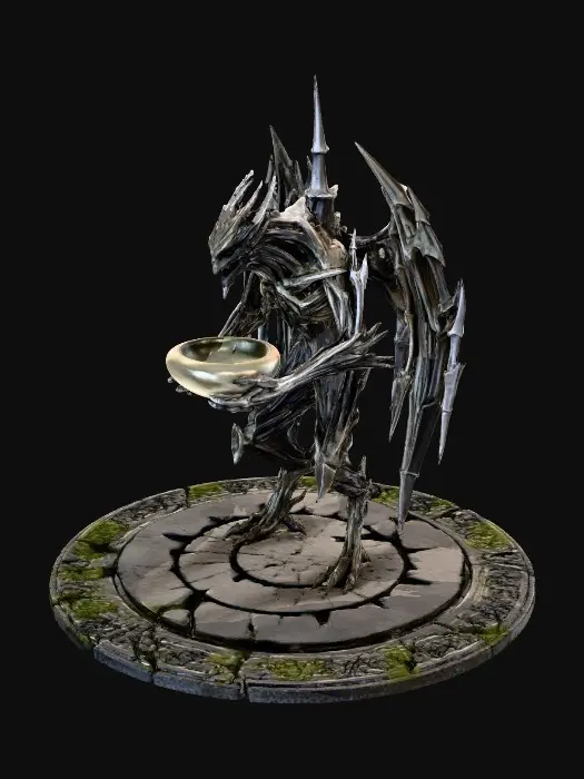 3D model for Eine abstrakte dunkel graue Gotik Creature schaut nach links, steht auf einem alten runden Steinboden Platte und  hält eine runde Metall Schüssel  in den Händen.