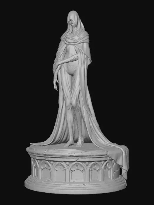 3D model for Eine abstrakte Gotische Figur mit schlanken Gliedmaßen und einem scharen langen Umhang der auf dem Boden aufliegt. Die Figur steht auf einem runden altern flachen Seinsockel.