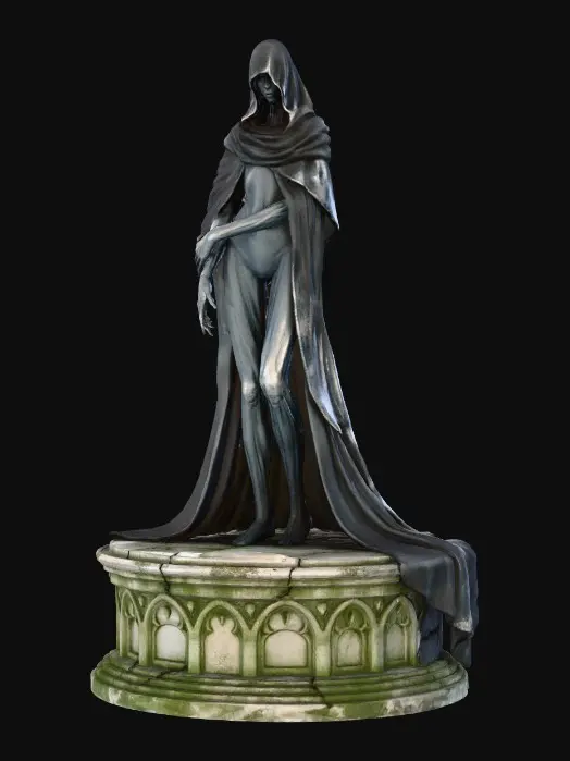 3D model for Eine abstrakte Gotische Figur mit schlanken Gliedmaßen und einem scharen langen Umhang der auf dem Boden aufliegt. Die Figur steht auf einem runden altern flachen Seinsockel.