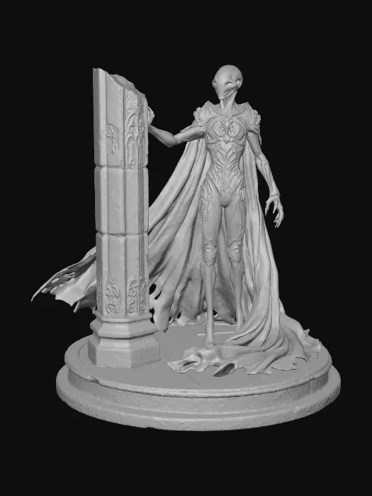 3D model for Eine abstrakte Gotische Figur die einem alien ähnlich aussieht. Mit schlanken Gliedmaßen und einem schwarzen Kostüm und einem langen Umhang der auf dem Boden aufliegt. Die Figur steht neben einer kaputten Steinsäule mit alten Ornamenten. Die Figur und die Säule sind auf einem runden altern flachen Steinsockel. Wir sehen sehr feine Details wie muster plastische Muster auf dem Kostüm.