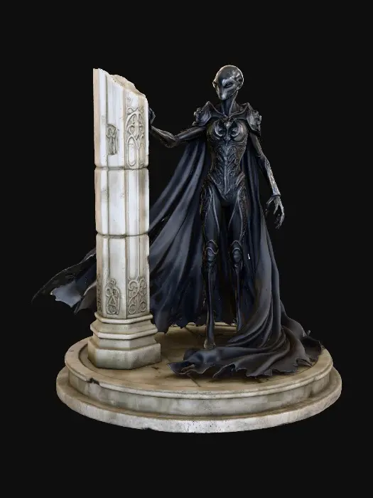 3D model for Eine abstrakte Gotische Figur die einem alien ähnlich aussieht. Mit schlanken Gliedmaßen und einem schwarzen Kostüm und einem langen Umhang der auf dem Boden aufliegt. Die Figur steht neben einer kaputten Steinsäule mit alten Ornamenten. Die Figur und die Säule sind auf einem runden altern flachen Steinsockel. Wir sehen sehr feine Details wie muster plastische Muster auf dem Kostüm.