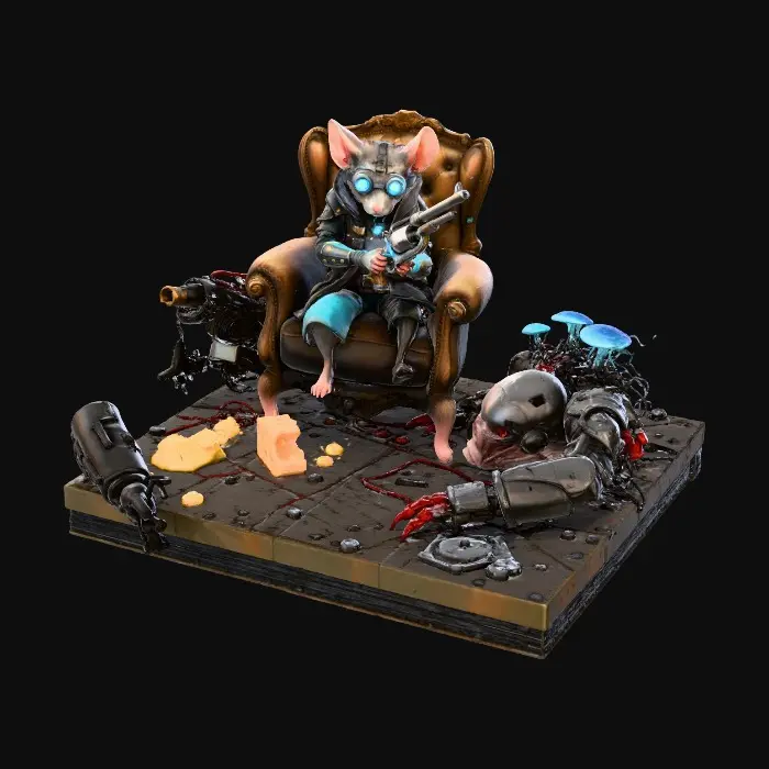 3D model for eine Maus im Bladerunner  look sitzt in einem alten großen Sessel und putzt dabei den übergroßen Revolver den sie in der rechten Hand hält. Neben dem Sessel liegt ein angebissenes Stück Käse und ein sehr gigantisch großer  kaputter Roboter liegt daneben auf dem Boden.