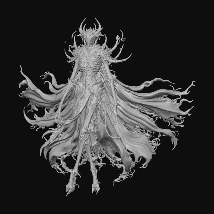 3D model for abstrakte Gotik Creature mit einem schwarzen Umhang der im wind weht.