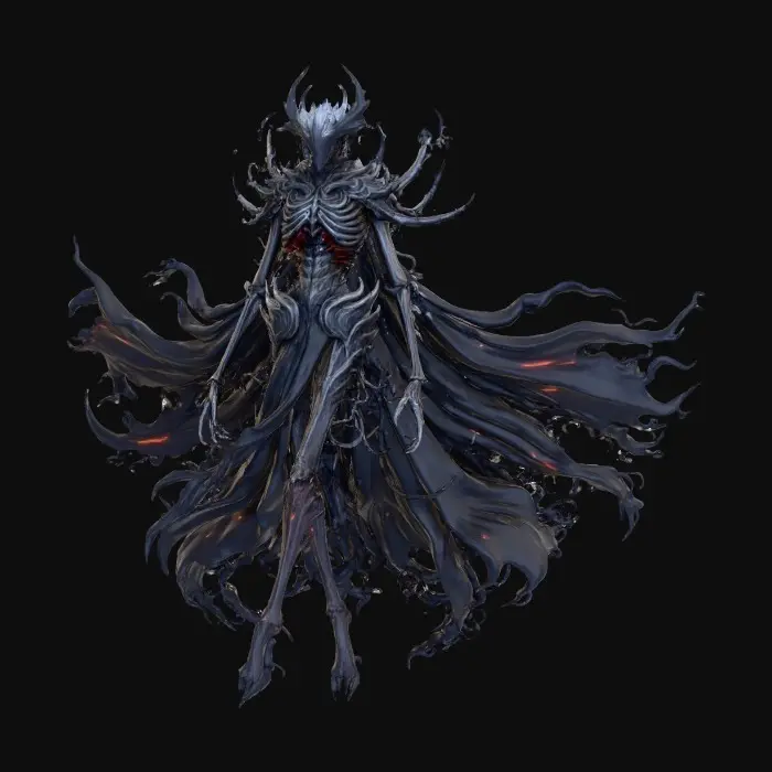 3D model for abstrakte Gotik Creature mit einem schwarzen Umhang der im wind weht.