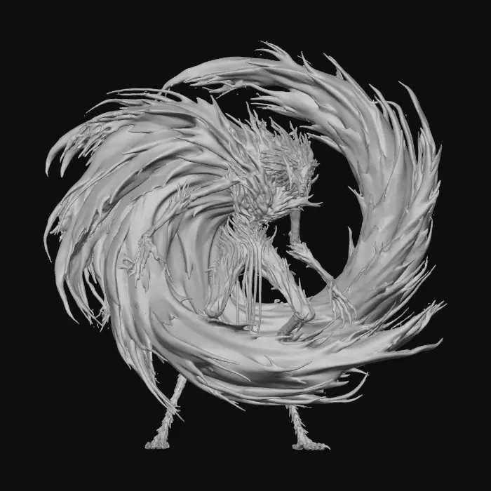 3D model for abstrakte Gotik Creature mit einem schwarzen Umhang der im wind weht.