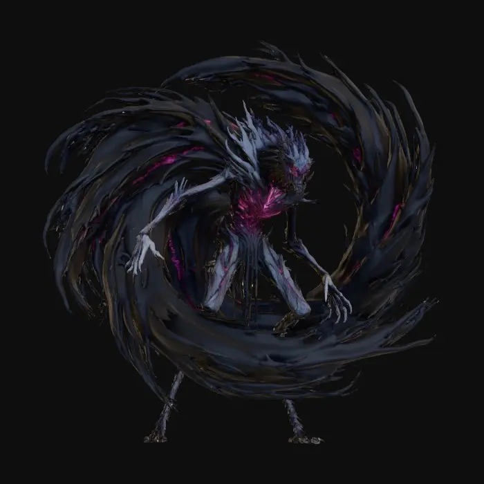 3D model for abstrakte Gotik Creature mit einem schwarzen Umhang der im wind weht.