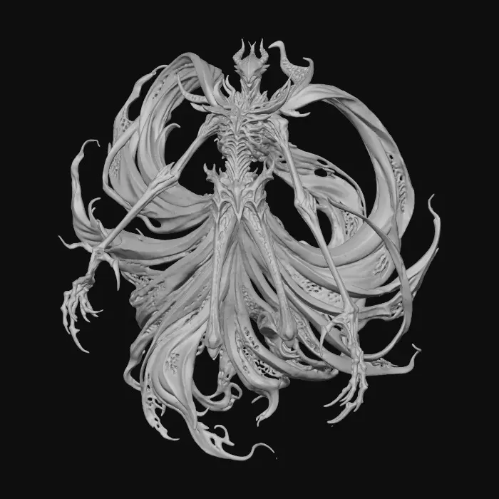 3D model for abstrakte Gotik Creature mit einem schwarzen Umhang der im wind weht.