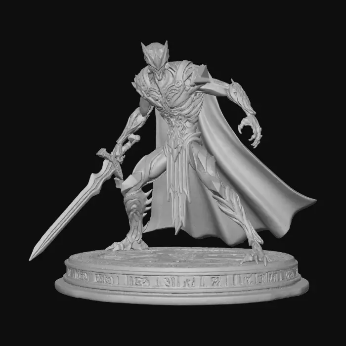 3D model for Eine abstrakte Gotische, kubistische Figur  mit einem Keltischem großen Schwert in der Hand die einem Alien ähnlich aussieht in Angriffsposition.Mit schlanken Gliedmaßen und einem schwarzen Kostüm und einem langen Umhang der auf dem Boden aufliegt. Die Figur steht auf einem runden altern flachen Steinsockel mit detaillierten Ornamenten.Wir sehen sehr feine Details wie muster plastische Muster auf dem Kostüm.