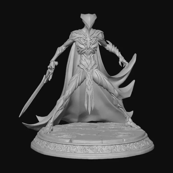 3D model for Eine abstrakte Gotische, kubistische Figur mit einem Keltischem großen Schwert in der Hand die einem Alien ähnlich aussieht in Angriffsposition.Mit schlanken Gliedmaßen und einem schwarzen Kostüm und einem langen Umhang der auf dem Boden aufliegt. Die Figur steht auf einem runden altern flachen Steinsockel mit detaillierten Ornamenten.Wir sehen sehr feine Details wie muster plastische Muster auf dem Kostüm.