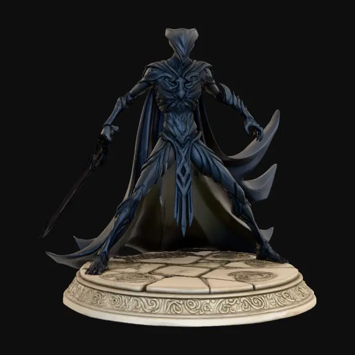 3D model for Eine abstrakte Gotische, kubistische Figur mit einem Keltischem großen Schwert in der Hand die einem Alien ähnlich aussieht in Angriffsposition.Mit schlanken Gliedmaßen und einem schwarzen Kostüm und einem langen Umhang der auf dem Boden aufliegt. Die Figur steht auf einem runden altern flachen Steinsockel mit detaillierten Ornamenten.Wir sehen sehr feine Details wie muster plastische Muster auf dem Kostüm.