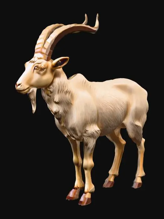 3D model for Erzeuge mir einen Ziegenbock im Stile der bayrischen Künstlerkrippe. Dieser soll aussehen wie handgeschnitzt, aber detailreich dargestellt sein. Der Ziegenbock soll stehend dargestellt  werden. Er soll mit dem Kopf nach vorne blicken.
