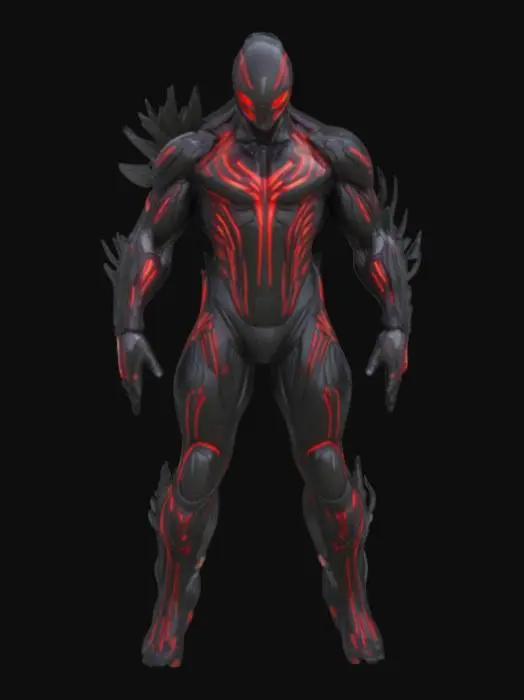 3D model for Crysis Nanosuit, muscular, black and red, glowing nano patterns, Sci-Fi, Highly Detailed, A-pose,