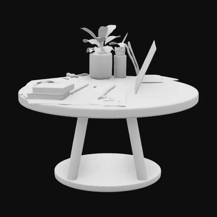3D model for round table with blueprints and stationary