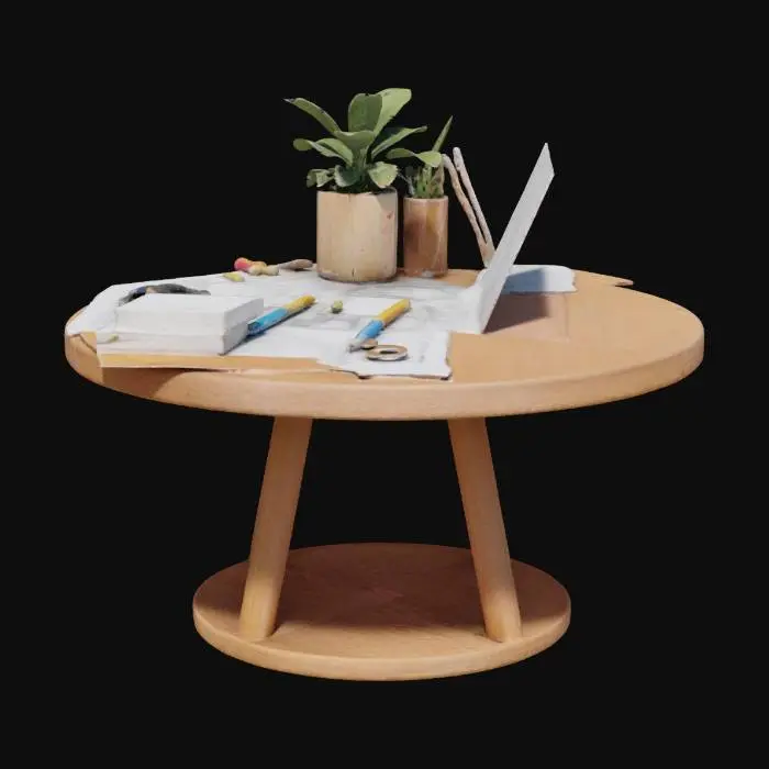 3D model for round table with blueprints and stationary
