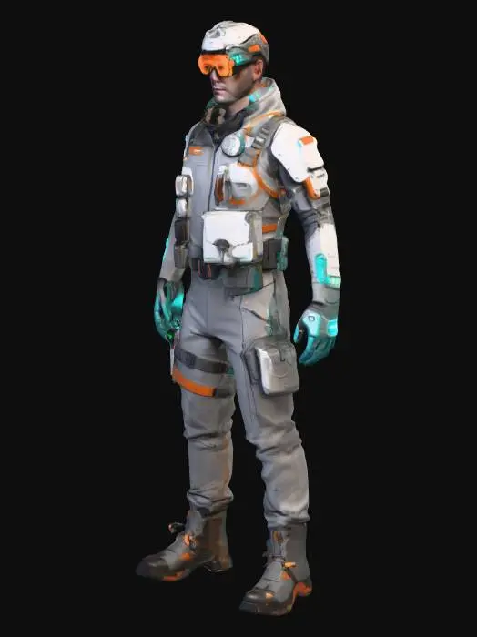 3D model for A practical, everyday sci-fi NPC useful in any tech district.

Design

Light exosuit with utility pockets

Simple visor goggles

Tool belt with scanner, nano-wrench, cable splicer

Gloves with glowing fingertips

Neutral stance, no dramatic pose

Color palette: grey, teal, orange accents
