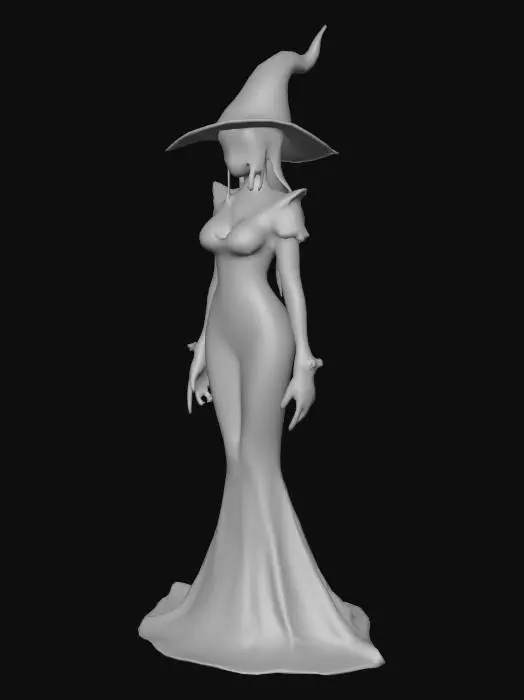 3D model for Sexy witch in black clothing, seductive lady, elegant gown, scary makeup on face, game ready, pixar style