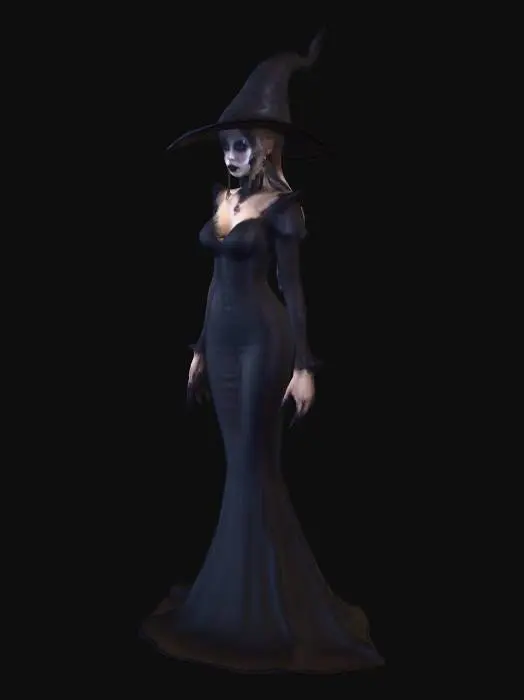 3D model for Sexy witch in black clothing, seductive lady, elegant gown, scary makeup on face, game ready, pixar style