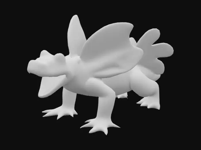 3D model for A bipedal amphibian-like creature with a stout, light blue body and a large head. It features prominent dark gray-blue fan-like fins on its head and a large, rigid tail fin. Orange, gill-like structures extend from its cheeks, complementing the orange oval markings on its forearms and thighs. Its texture appears smooth and slightly leathery, typical of an aquatic creature, with a wide, open mouth revealing a light pink interior.
