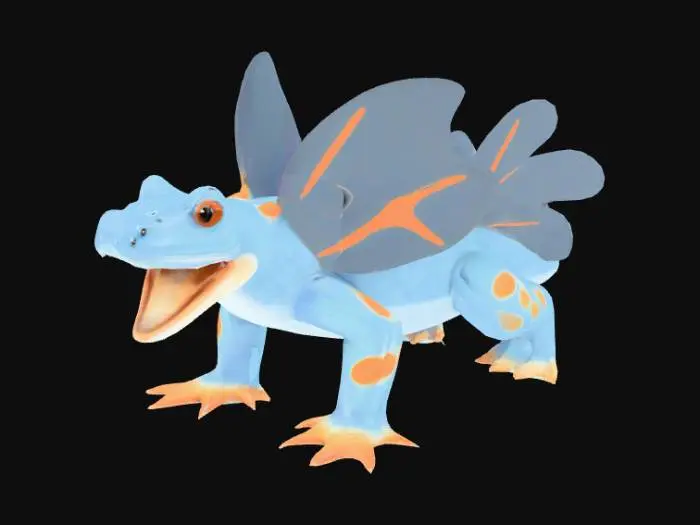 3D model for A bipedal amphibian-like creature with a stout, light blue body and a large head. It features prominent dark gray-blue fan-like fins on its head and a large, rigid tail fin. Orange, gill-like structures extend from its cheeks, complementing the orange oval markings on its forearms and thighs. Its texture appears smooth and slightly leathery, typical of an aquatic creature, with a wide, open mouth revealing a light pink interior.